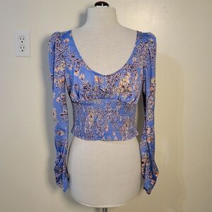 Free People (Women's Small) Santiago Floral Printed Long Sleeve Smocked Crop Top